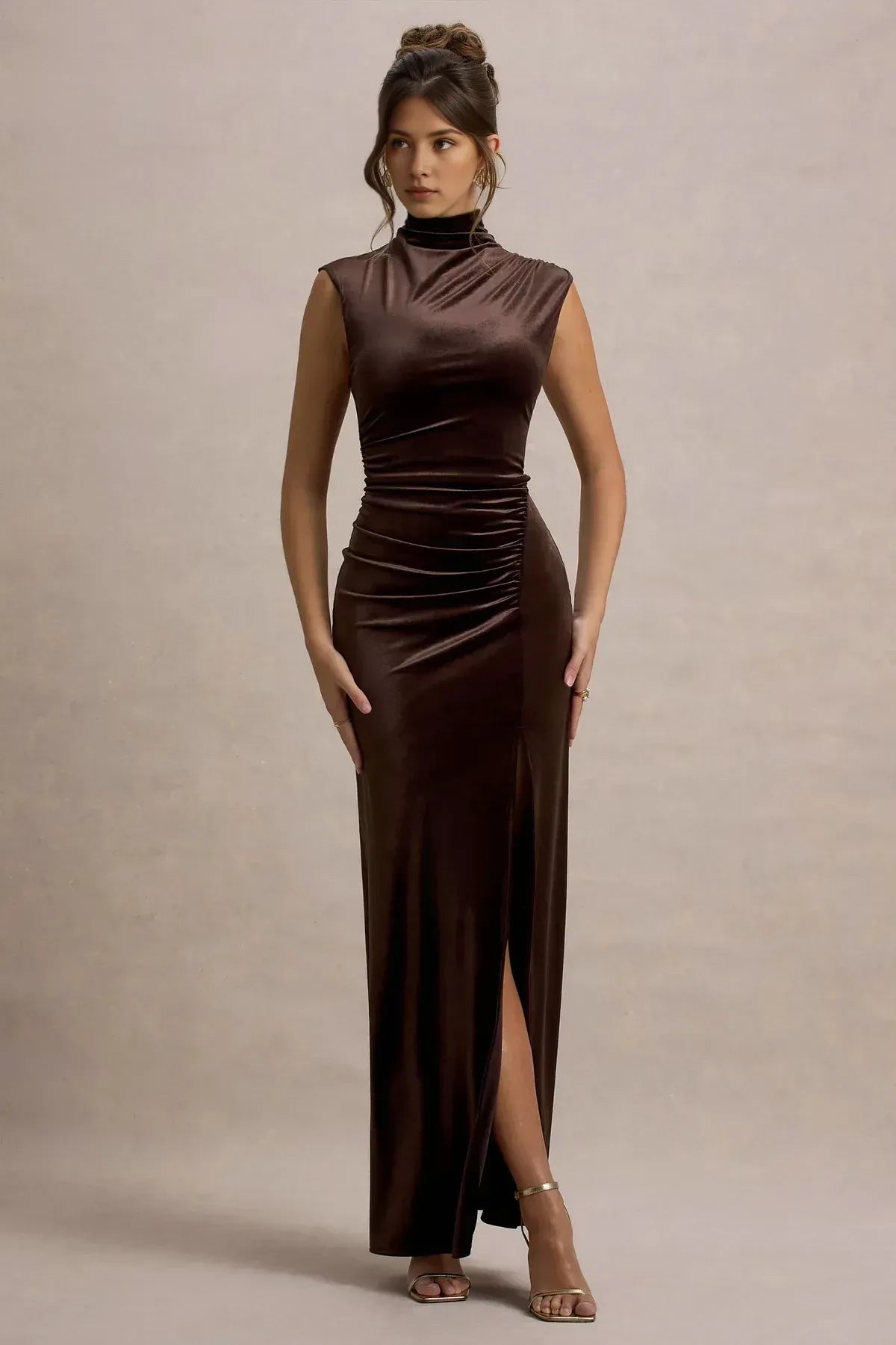 Stylish Sheath High Neck Sleeveless Ruched Back Floor Length Evening Dress