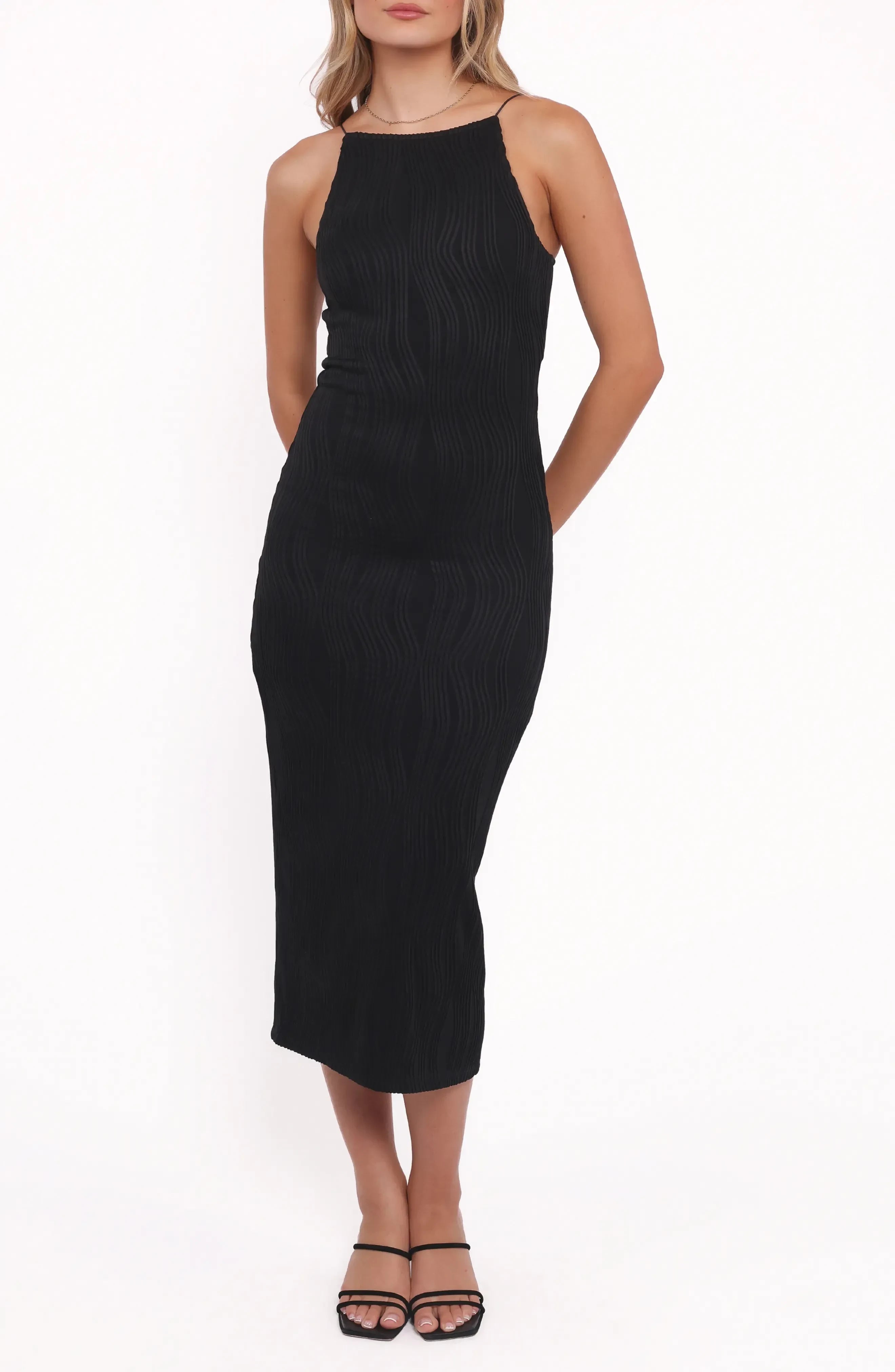 Stylish Sheath High Neck Sleeveless Split Back Midi Length Evening Dress