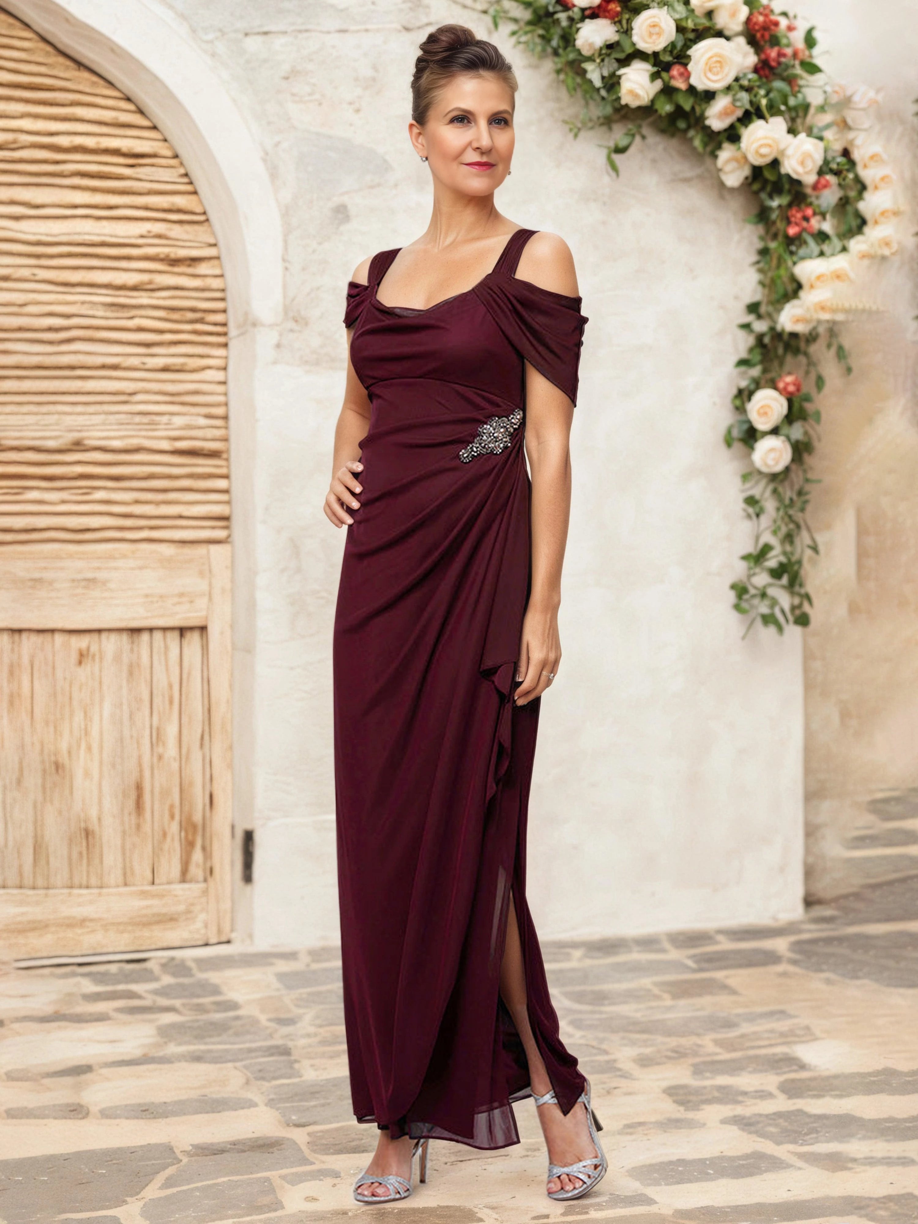Stylish Sheath Off Shoulder Cold Shoulder Ruched Back Floor Length Mother of the Bride Dress