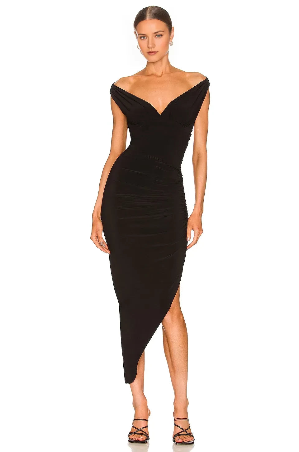 Stylish Sheath Off Shoulder Sleeveless Asymmetric Hem Midi Length Evening Dress