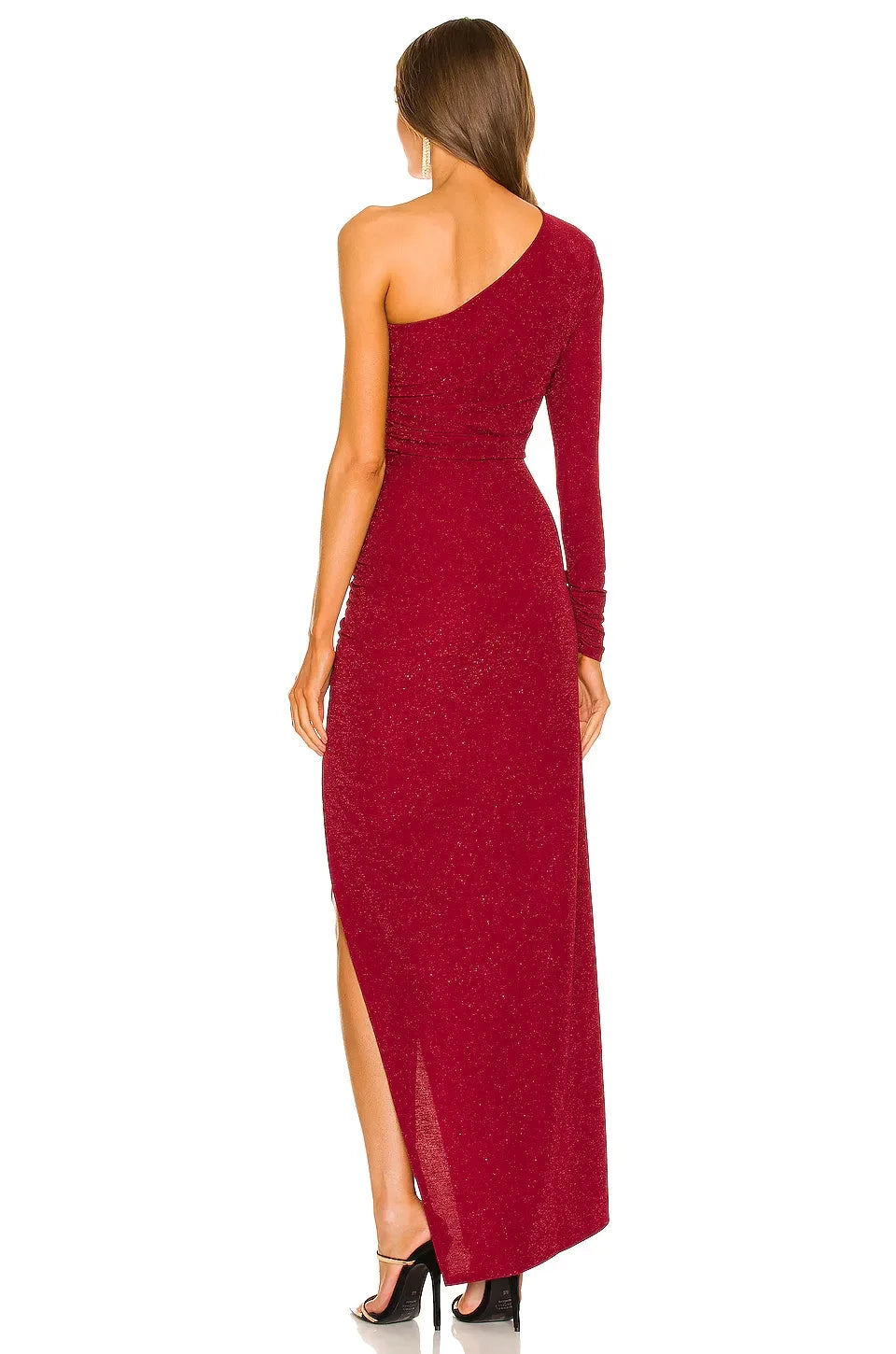 Stylish Sheath One Shoulder Long Sleeve Ruched Back Slit Front Floor Length Evening Dress