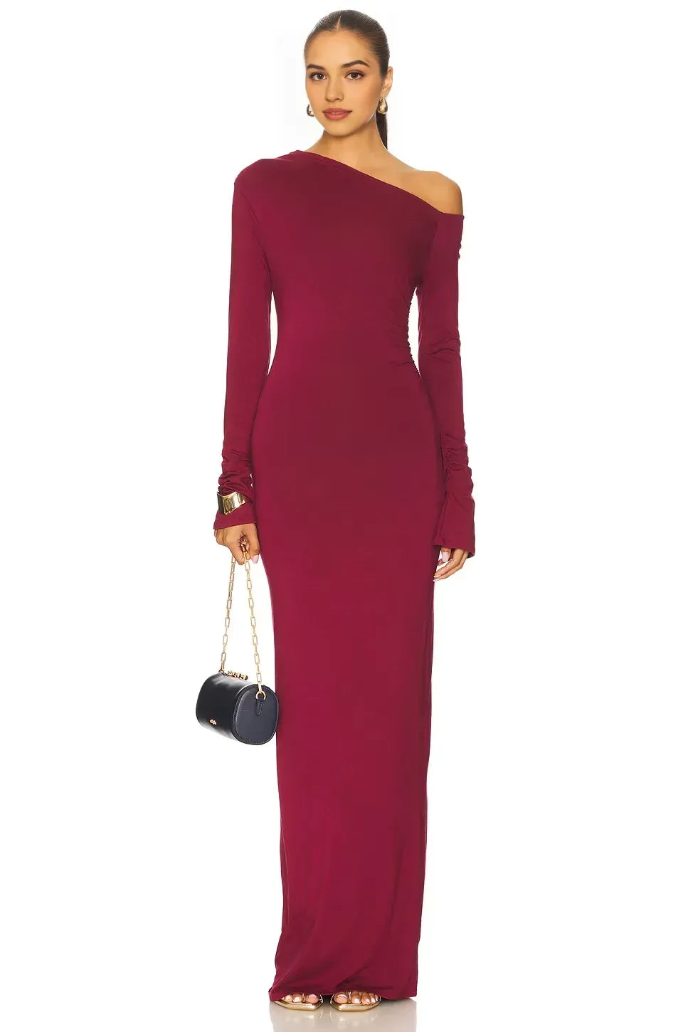 Stylish Sheath One Shoulder Ruched Sleeve Solid Back Floor Length Evening Dress