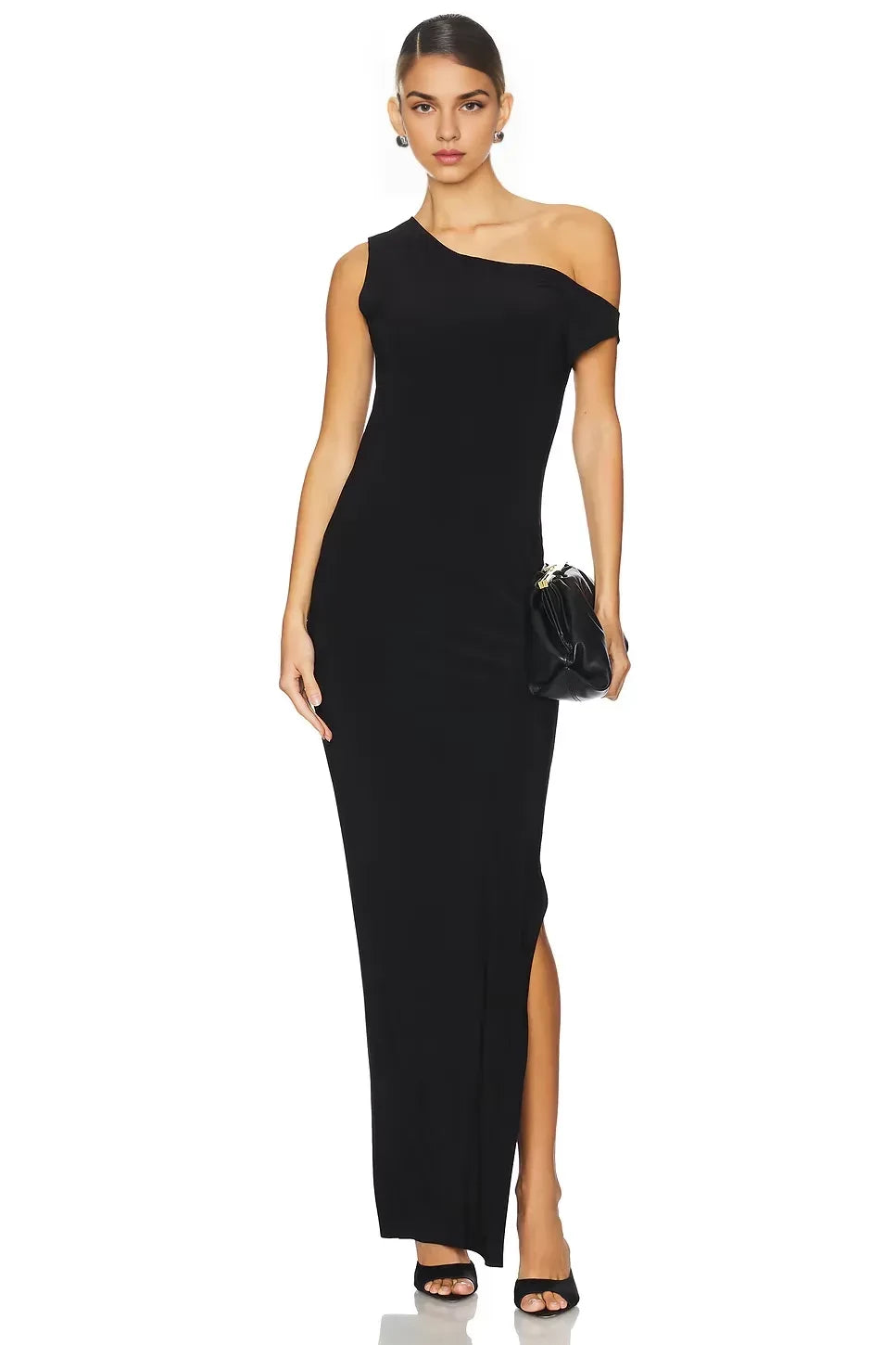 Stylish Sheath One Shoulder Short Sleeve Draped Back Slit Front Floor Length Evening Dress