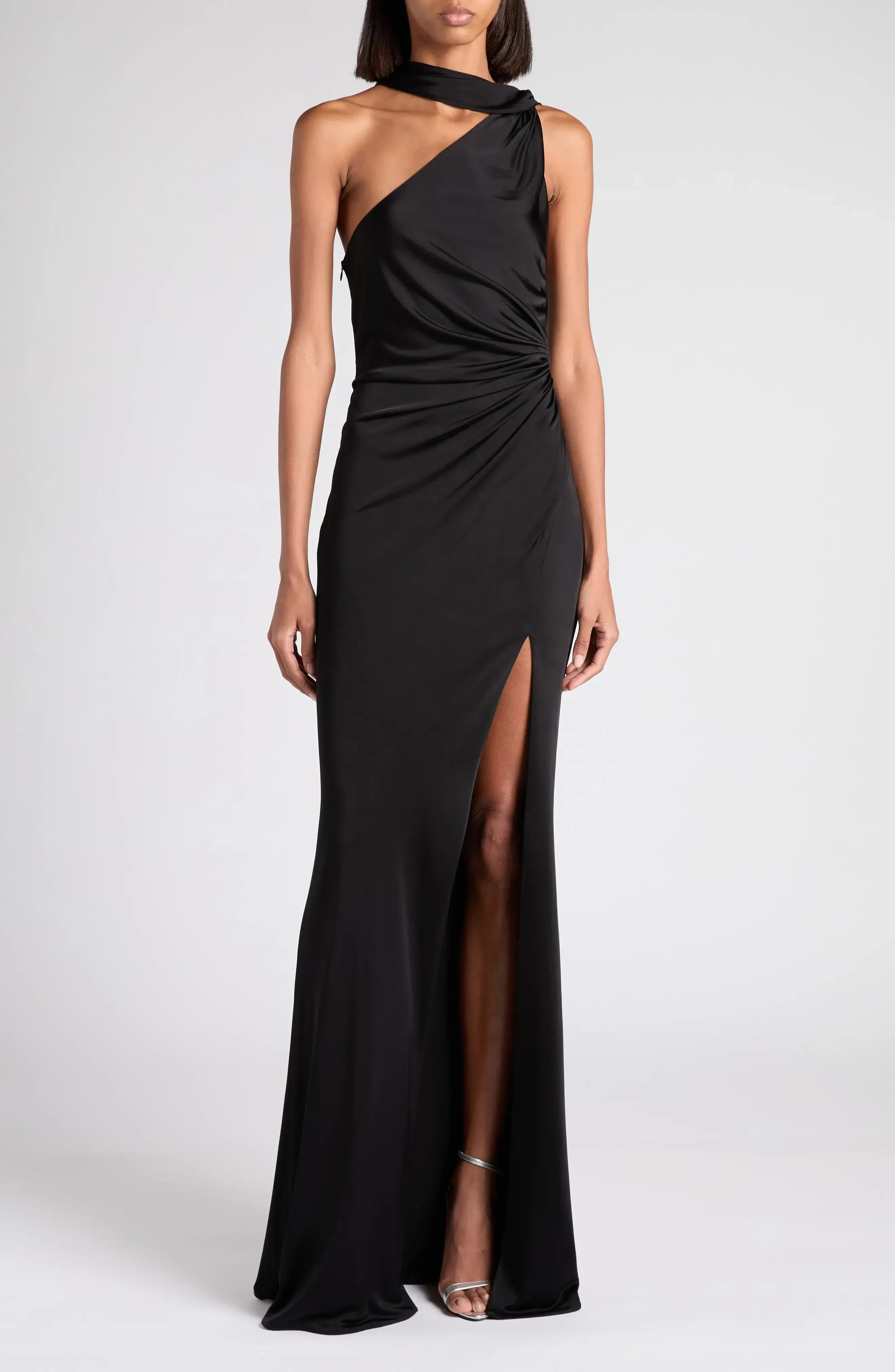 Stylish Sheath One Shoulder Sleeveless Draped Back Floor Length Evening Dress