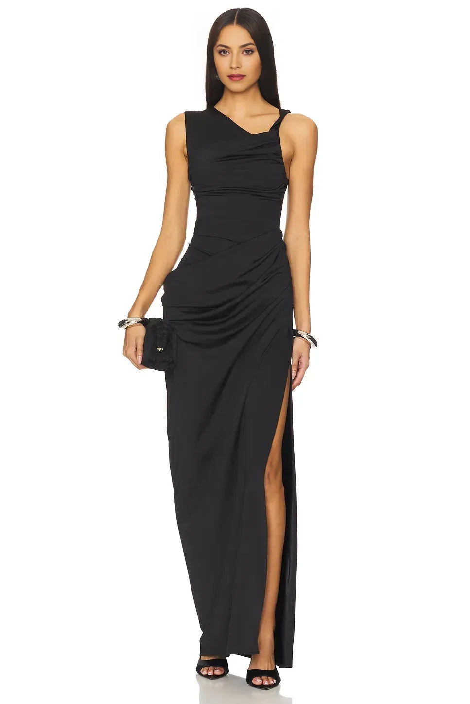 Stylish Sheath One Shoulder Sleeveless Ruched Back Slit Front Floor Length Evening Dress