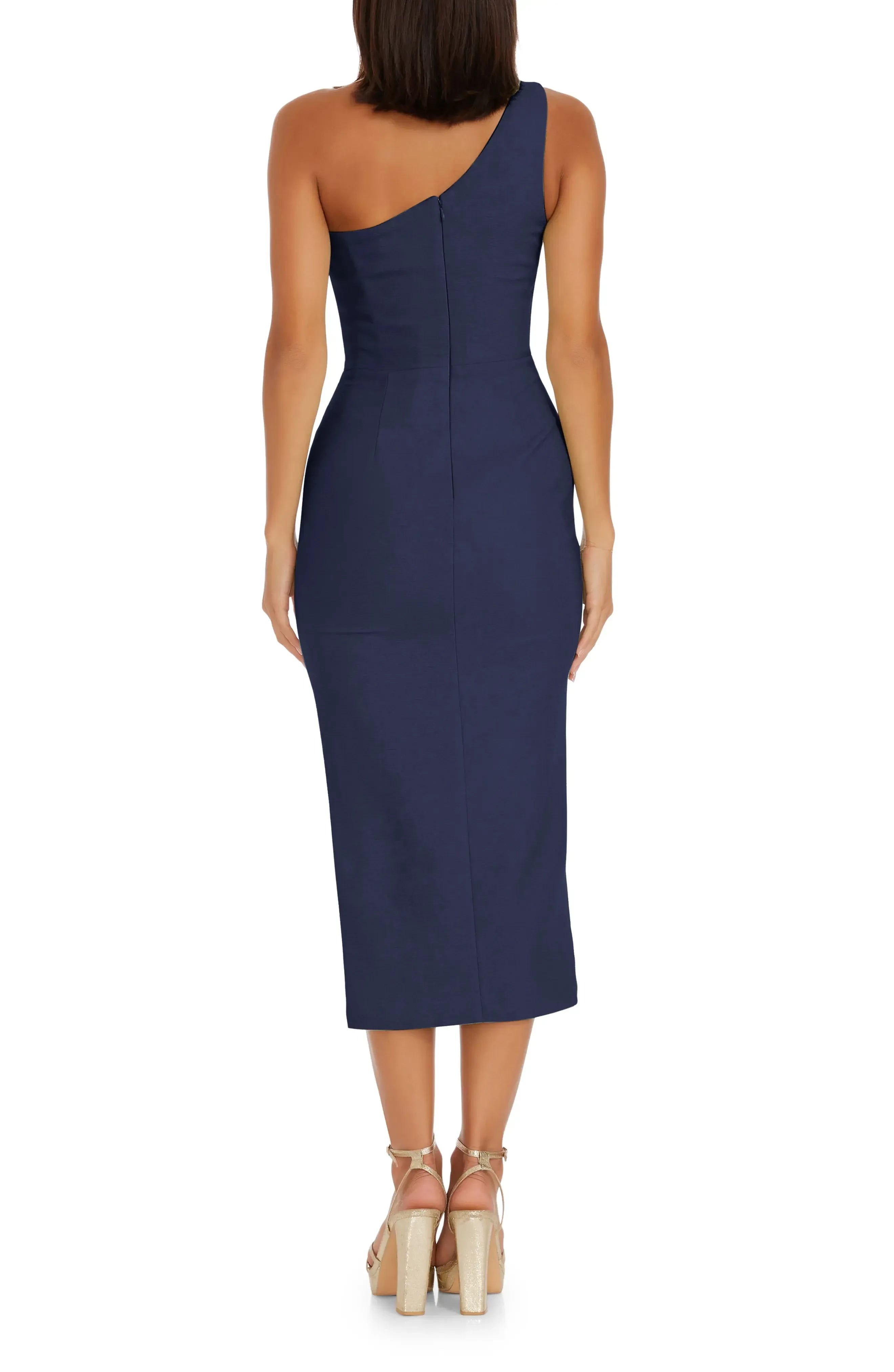 Stylish Sheath One Shoulder Sleeveless Zipper Back Midi Length Bridesmaid Dress