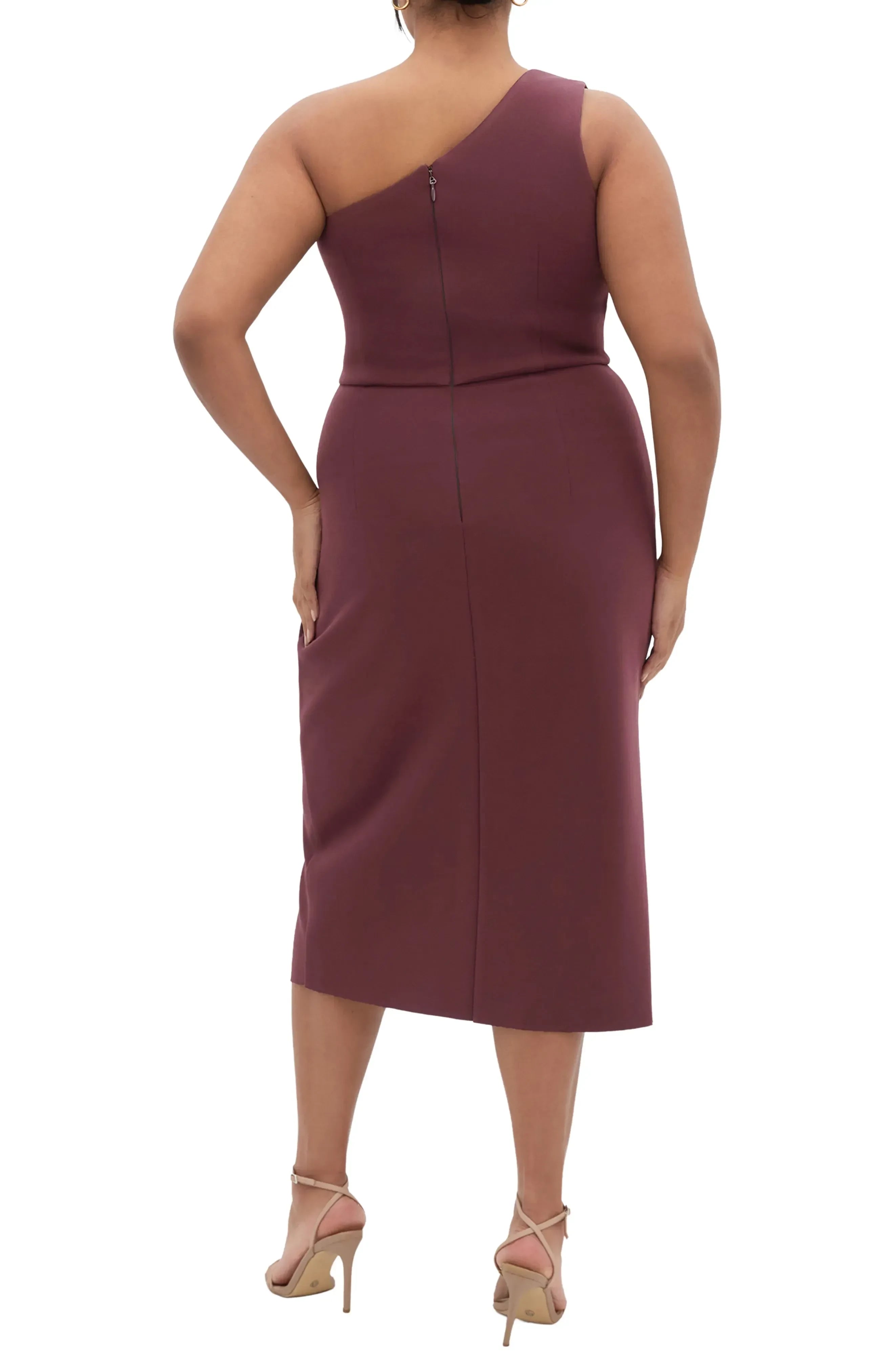 Stylish Sheath One Shoulder Sleeveless Zipper Back Midi Length Plus Size Evening Dress