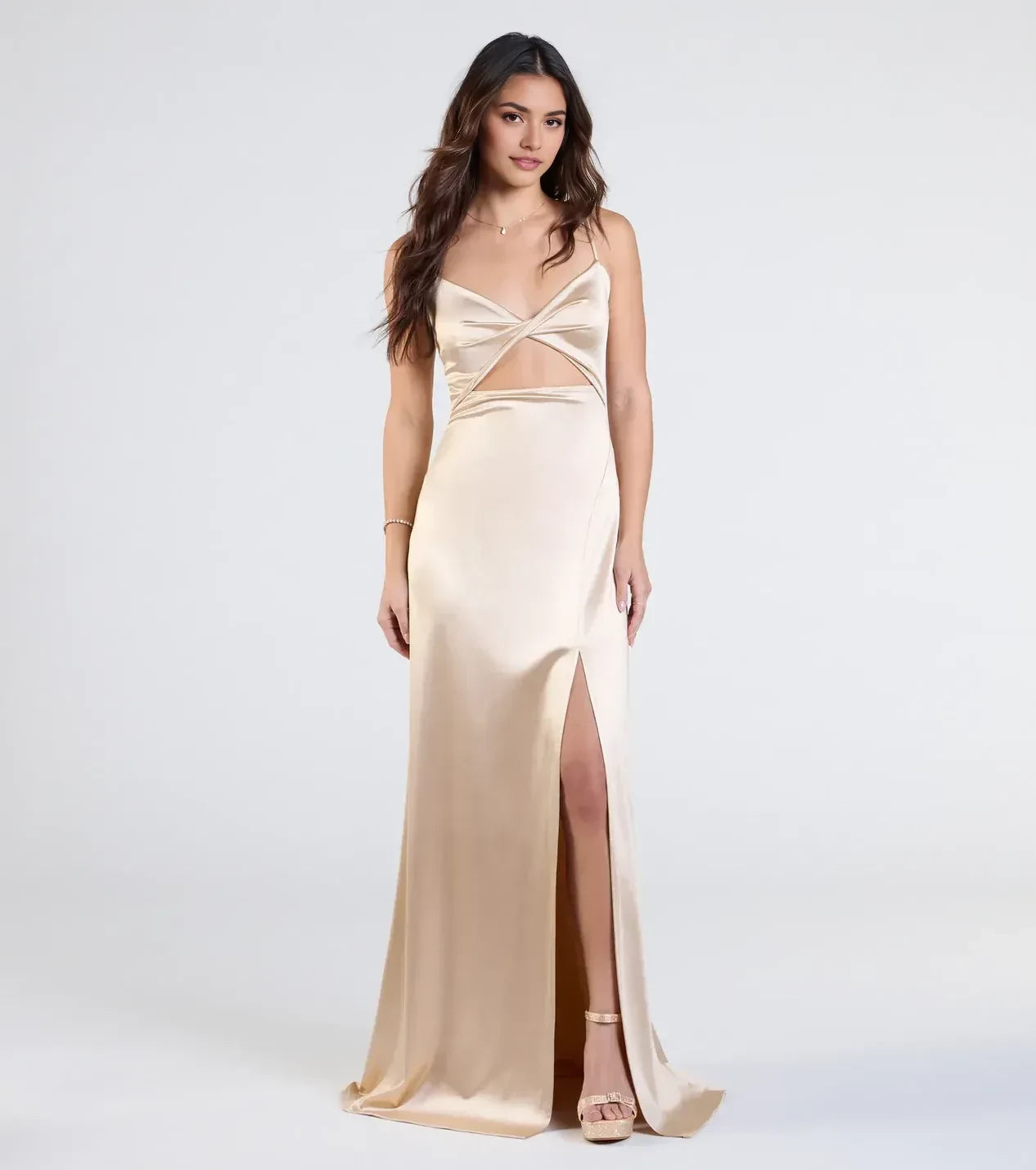 Stylish Sheath Plunge Neck Spaghetti Strap Open Back Floor Length Prom Dress