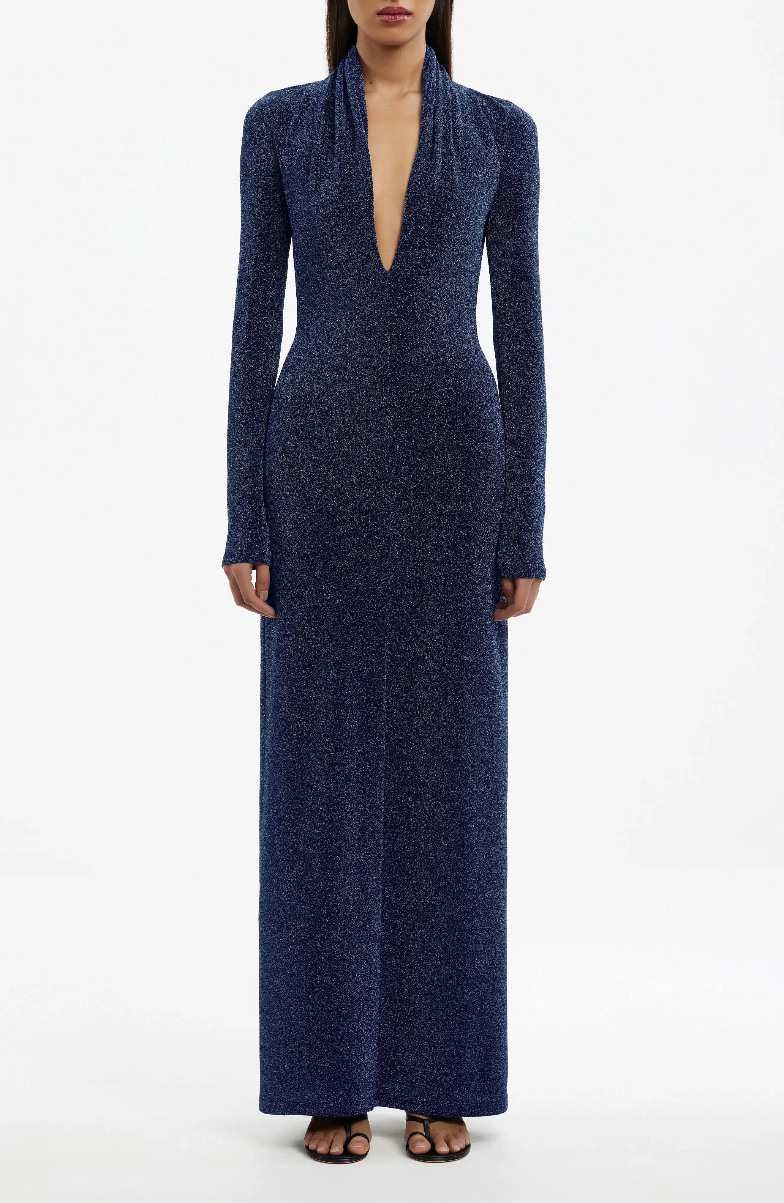 Stylish Sheath Plunging Neckline Long Sleeve Open Back Floor Length Evening Dress