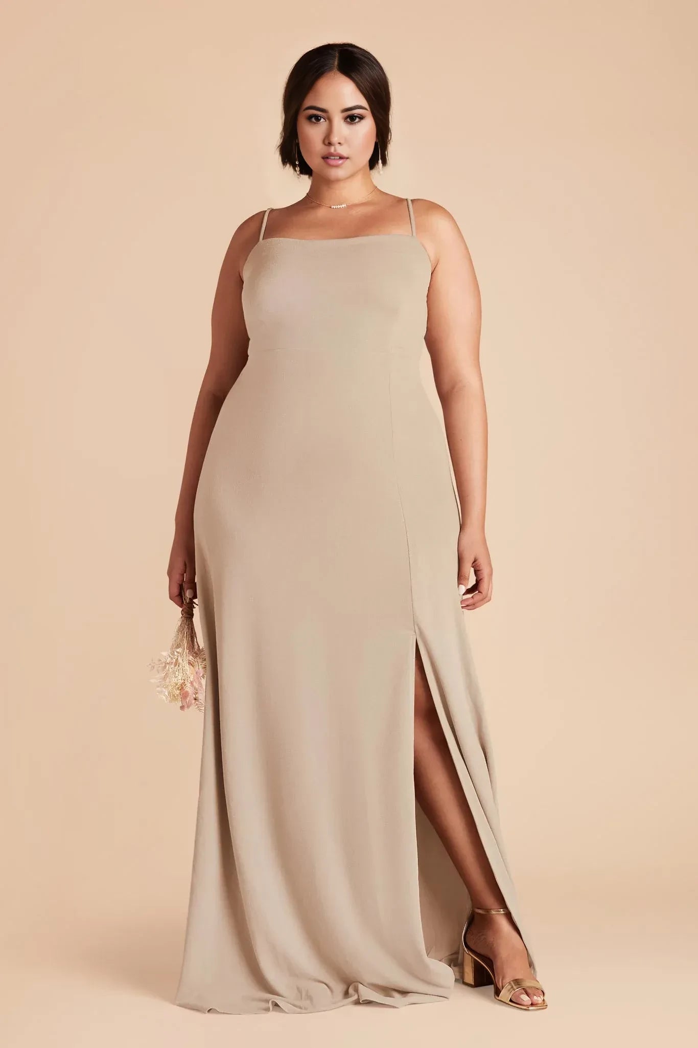 Stylish Sheath Square Neck Spaghetti Strap Bow Back Floor Length Plus Size Bridesmaid Dress