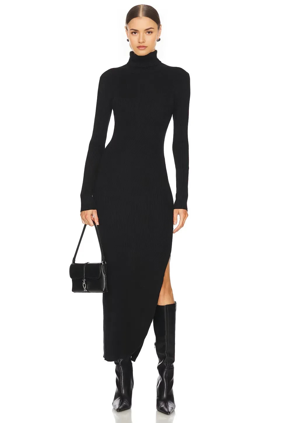 Stylish Sheath Turtleneck Long Sleeve Slit Front Midi Length Evening Dress