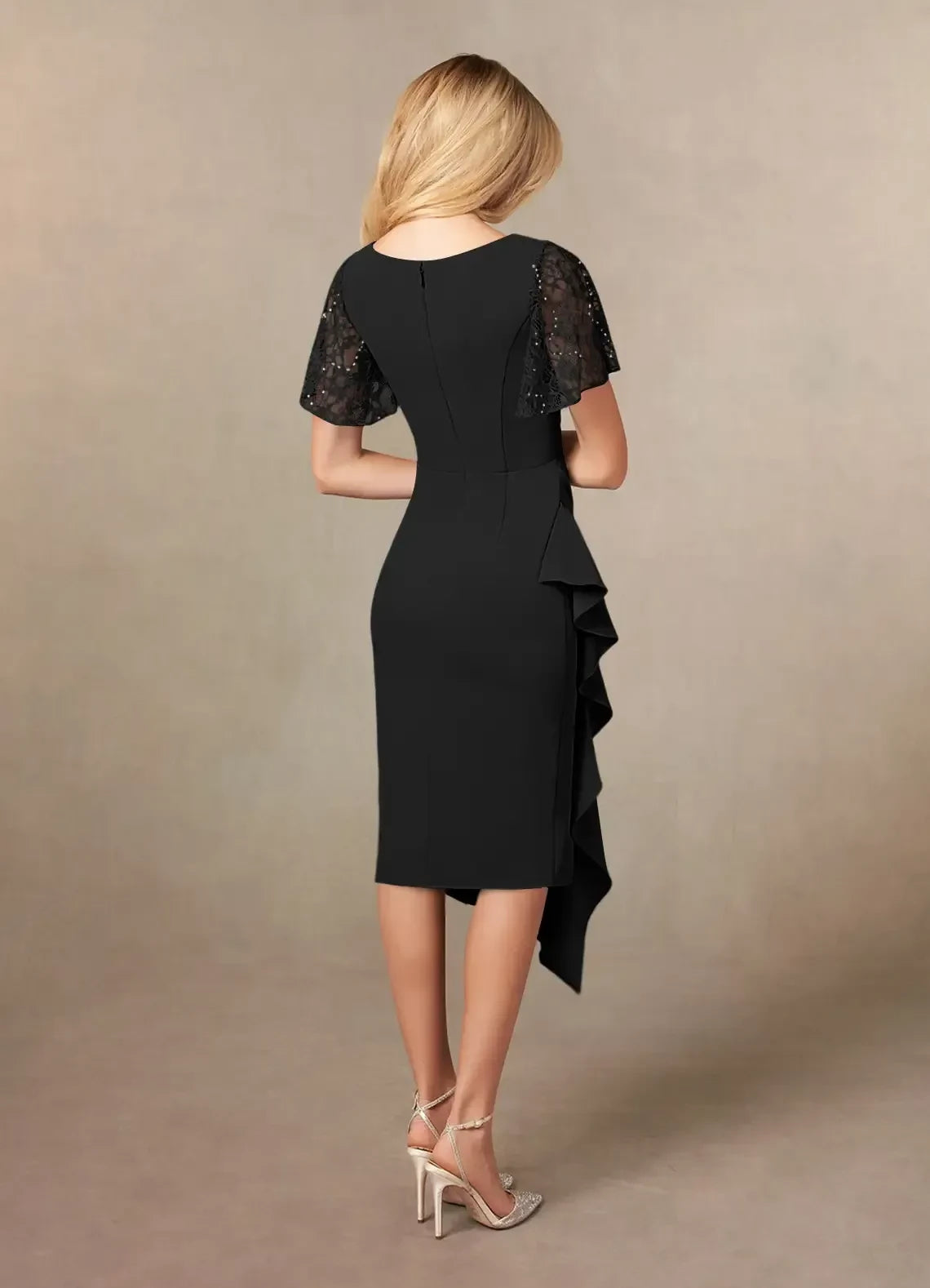 Stylish Sheath V Neck Lace Flutter Sleeve Zipper Back Asymmetrical Length Mother of the Bride Dress