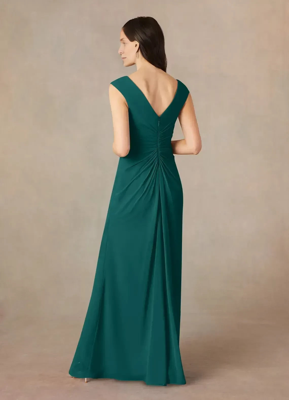 Stylish Sheath V Neck Sleeveless Ruched Back Floor Length Mother of the Bride Dress