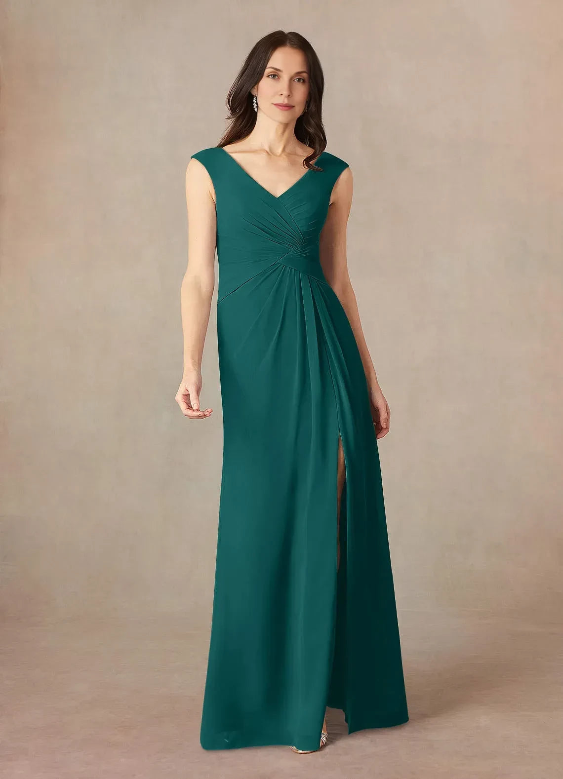 Stylish Sheath V Neck Sleeveless Ruched Back Floor Length Mother of the Bride Dress