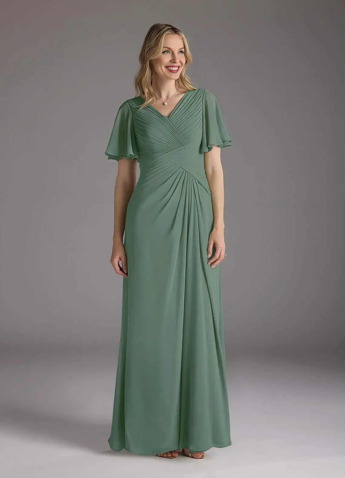 Stylish Sheath V neck Flutter Sleeve Pleated Back Floor Length Mother of the Bride Dress