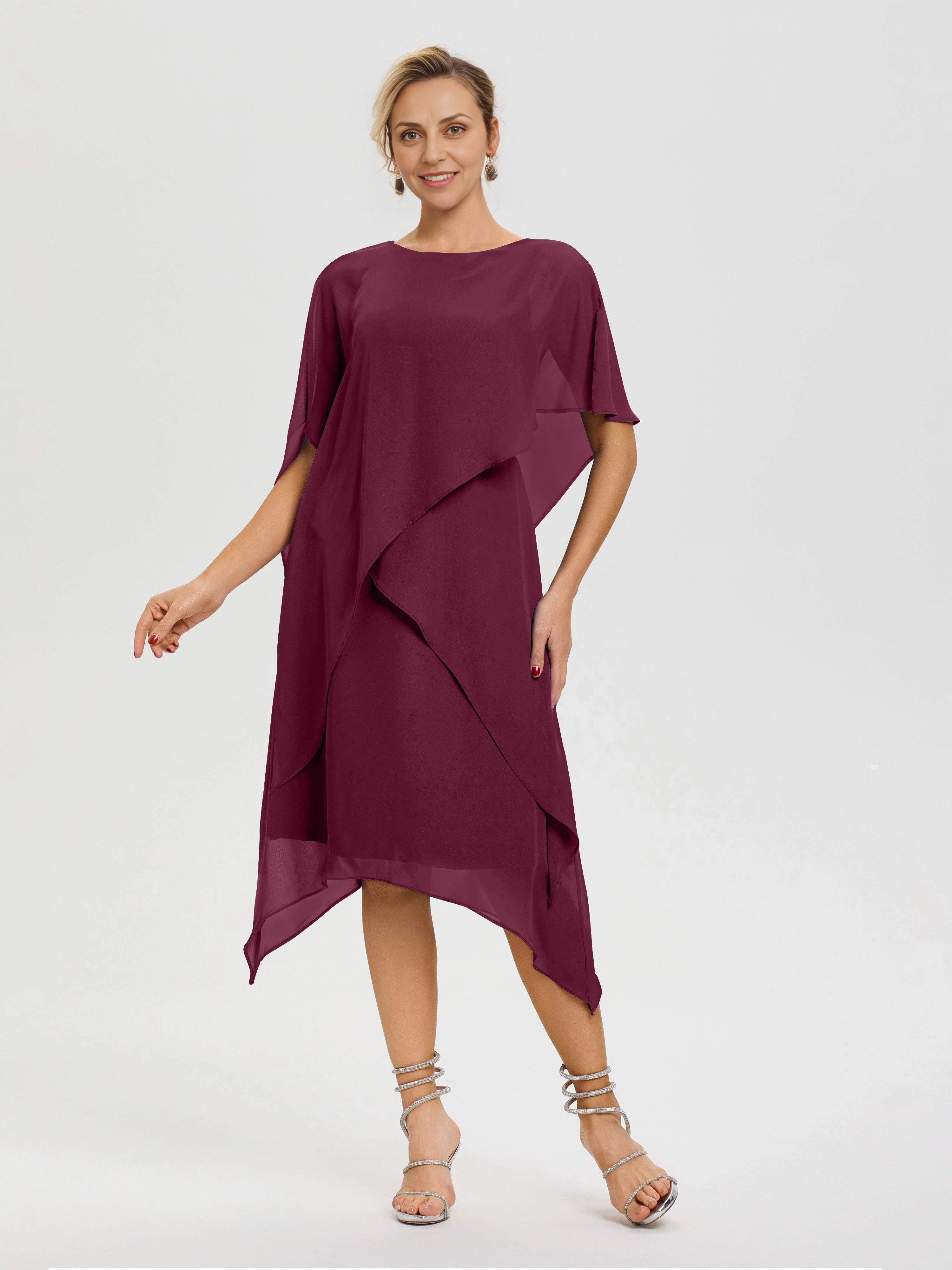 Stylish Shift Boat Neck Flutter Sleeve Zip Back Asymmetric Midi Length Mother of the Bride Dress