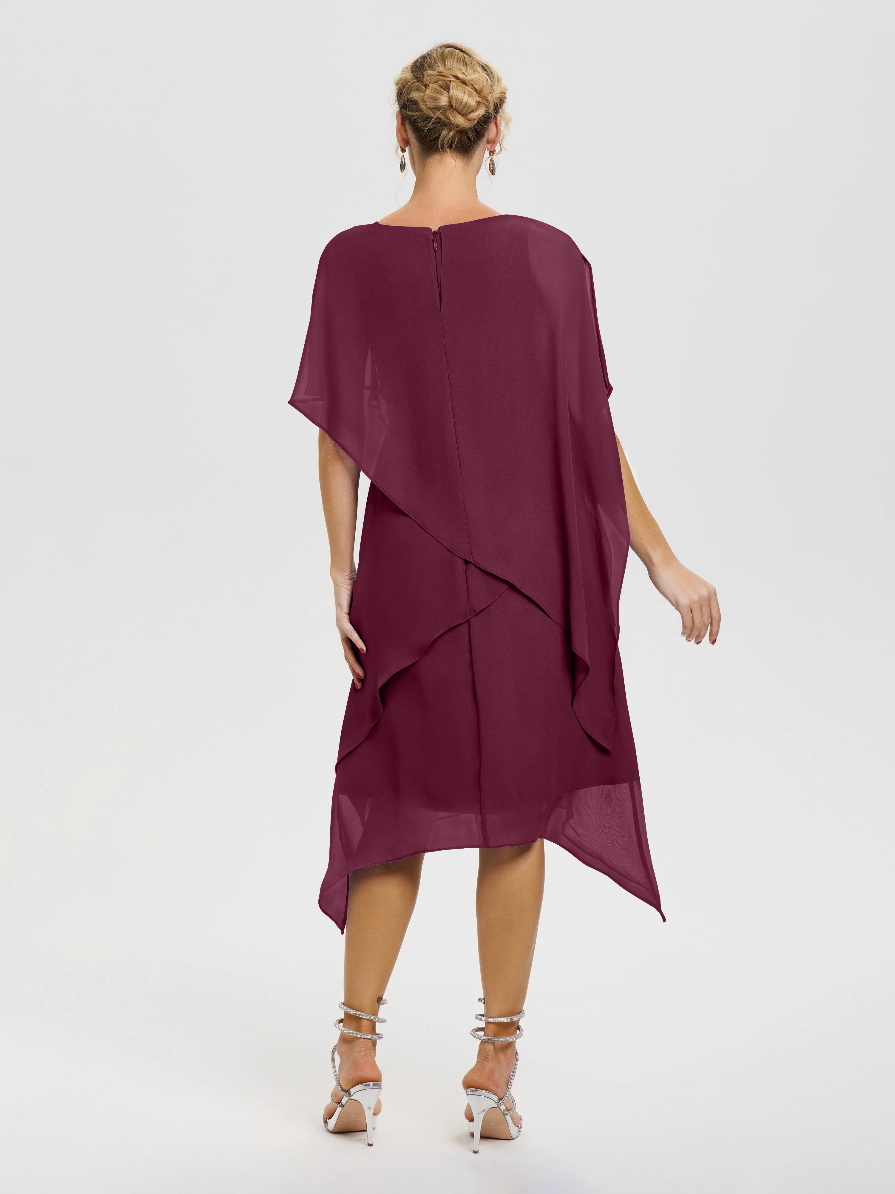 Stylish Shift Boat Neck Flutter Sleeve Zip Back Asymmetric Midi Length Mother of the Bride Dress