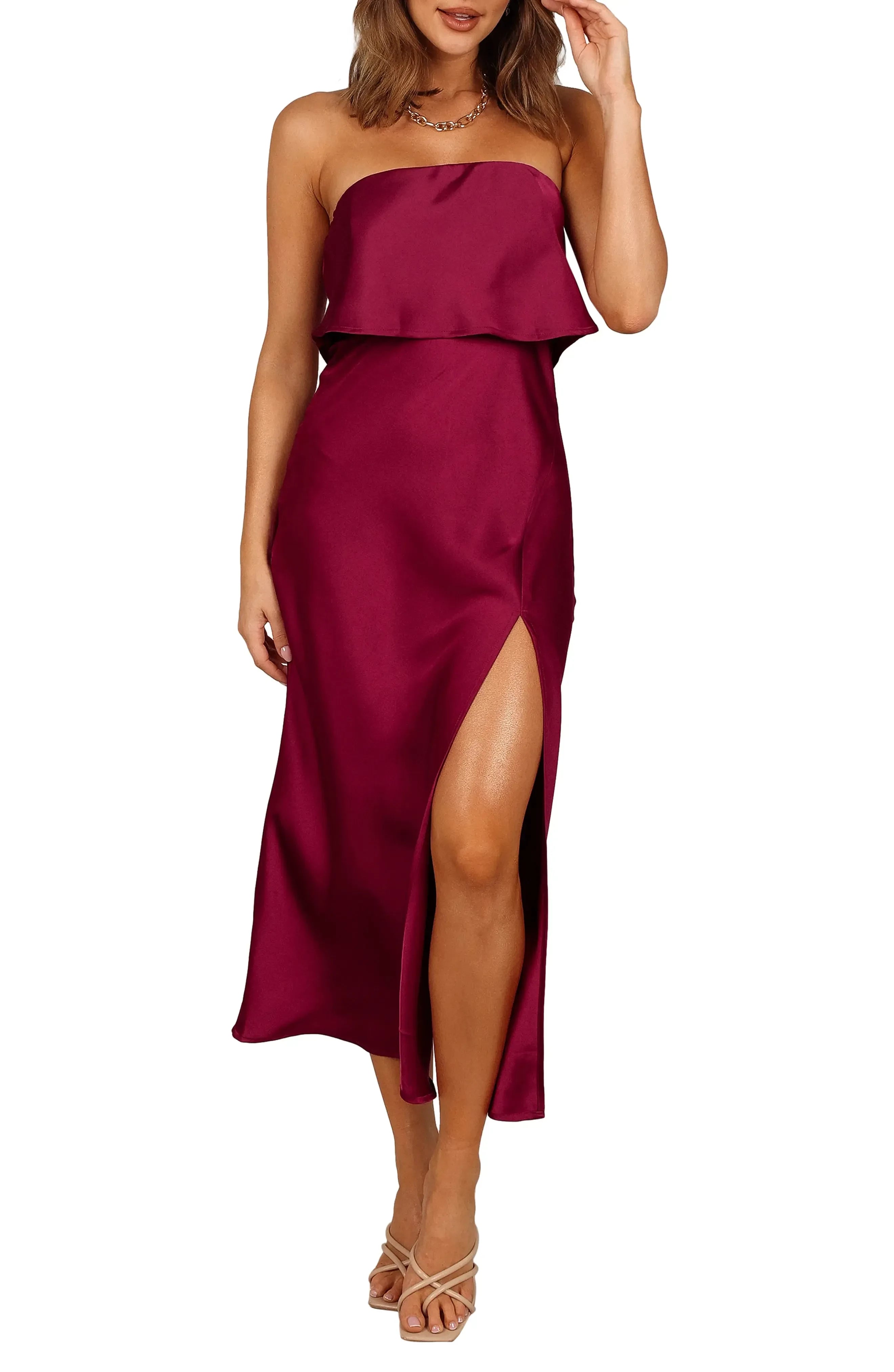 Stylish Strapless Ruffled High Slit Zip Back Midi Length Homecoming Dress