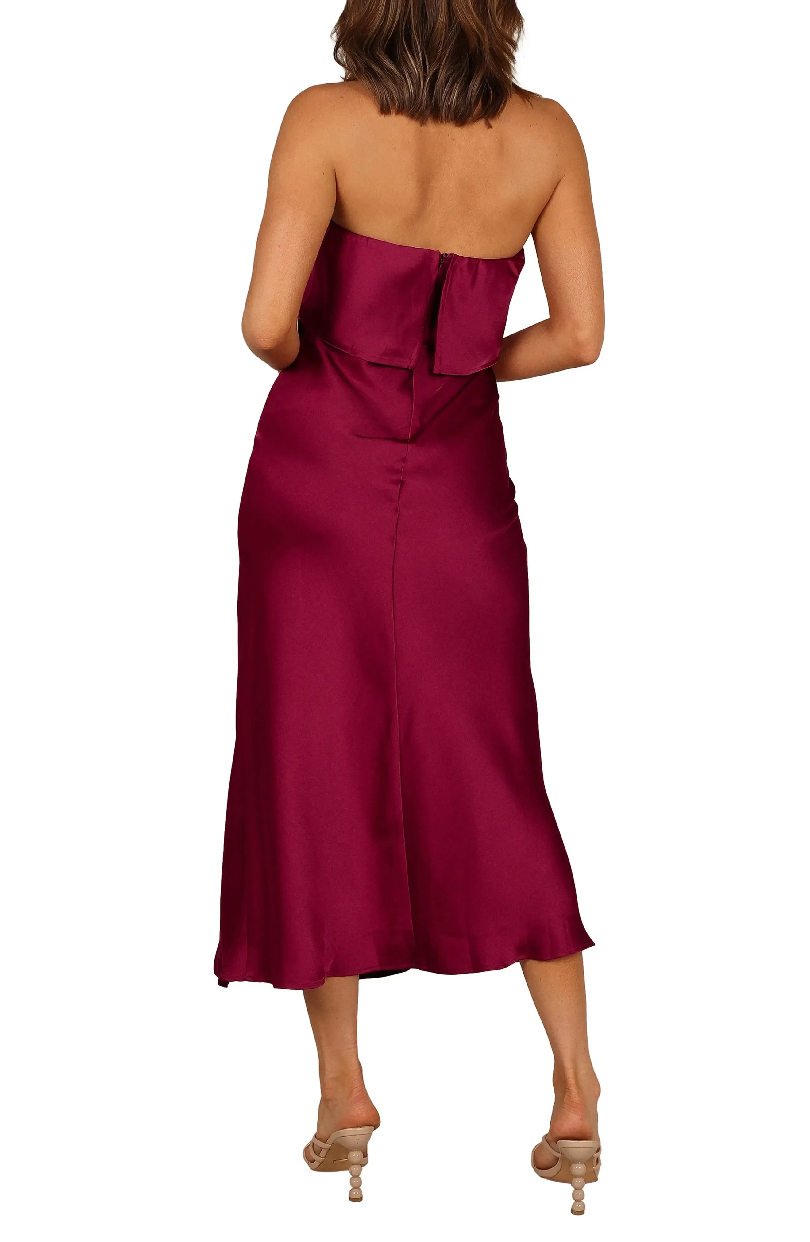 Stylish Strapless Ruffled High Slit Zip Back Midi Length Homecoming Dress