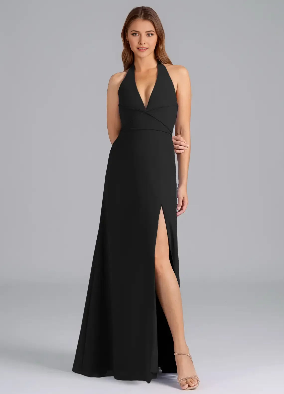 Sultry A Line Halter Neck Sleeveless Open Back Floor Length Bridesmaid Dress