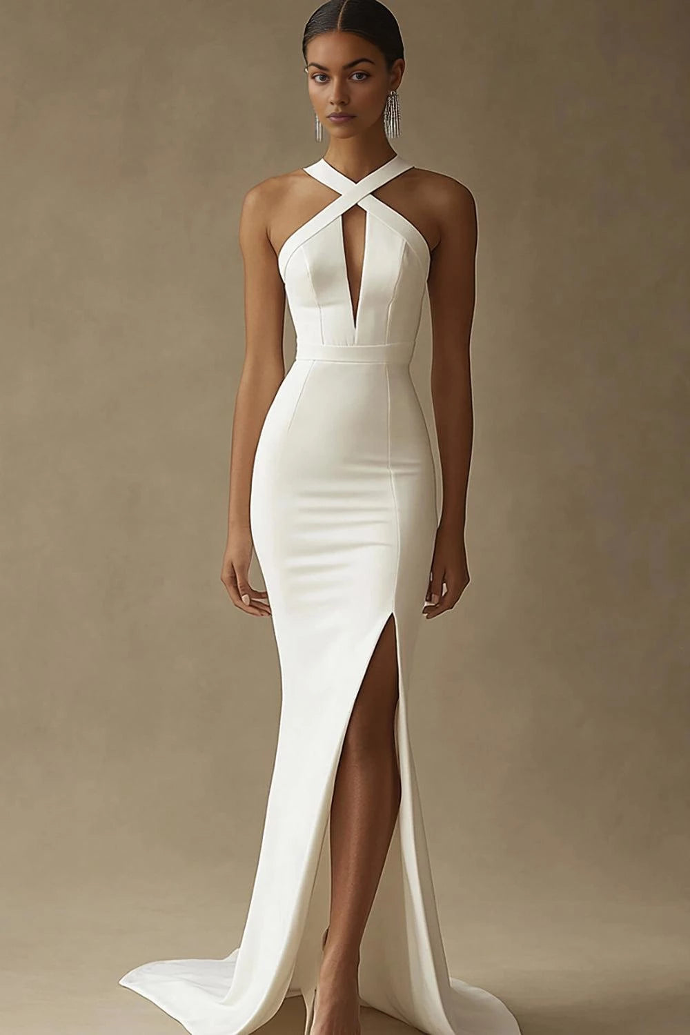 Sultry Mermaid Criss Cross Neck Sleeveless Open Back Floor Length Wedding Dress