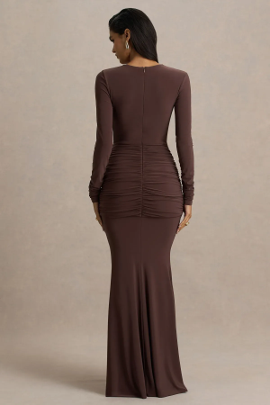 Sultry Mermaid Deep V Neck Long Sleeve Draped Waist Floor Length Evening Dress