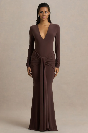 Sultry Mermaid Deep V Neck Long Sleeve Draped Waist Floor Length Evening Dress