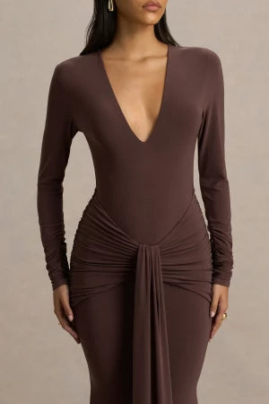 Sultry Mermaid Deep V Neck Long Sleeve Draped Waist Floor Length Evening Dress