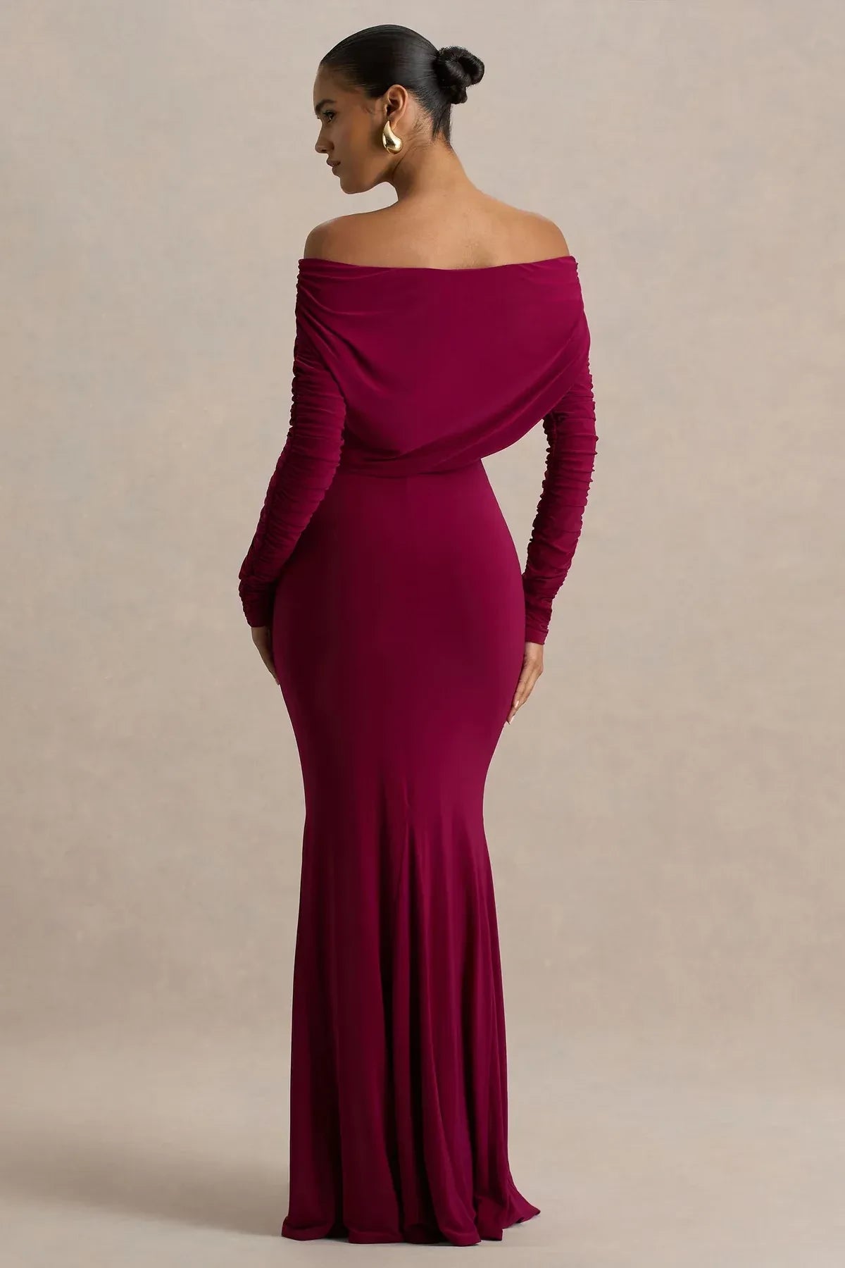 Sultry Mermaid Off Shoulder Ruched Sleeve Cowl Back Floor Length Evening Dress