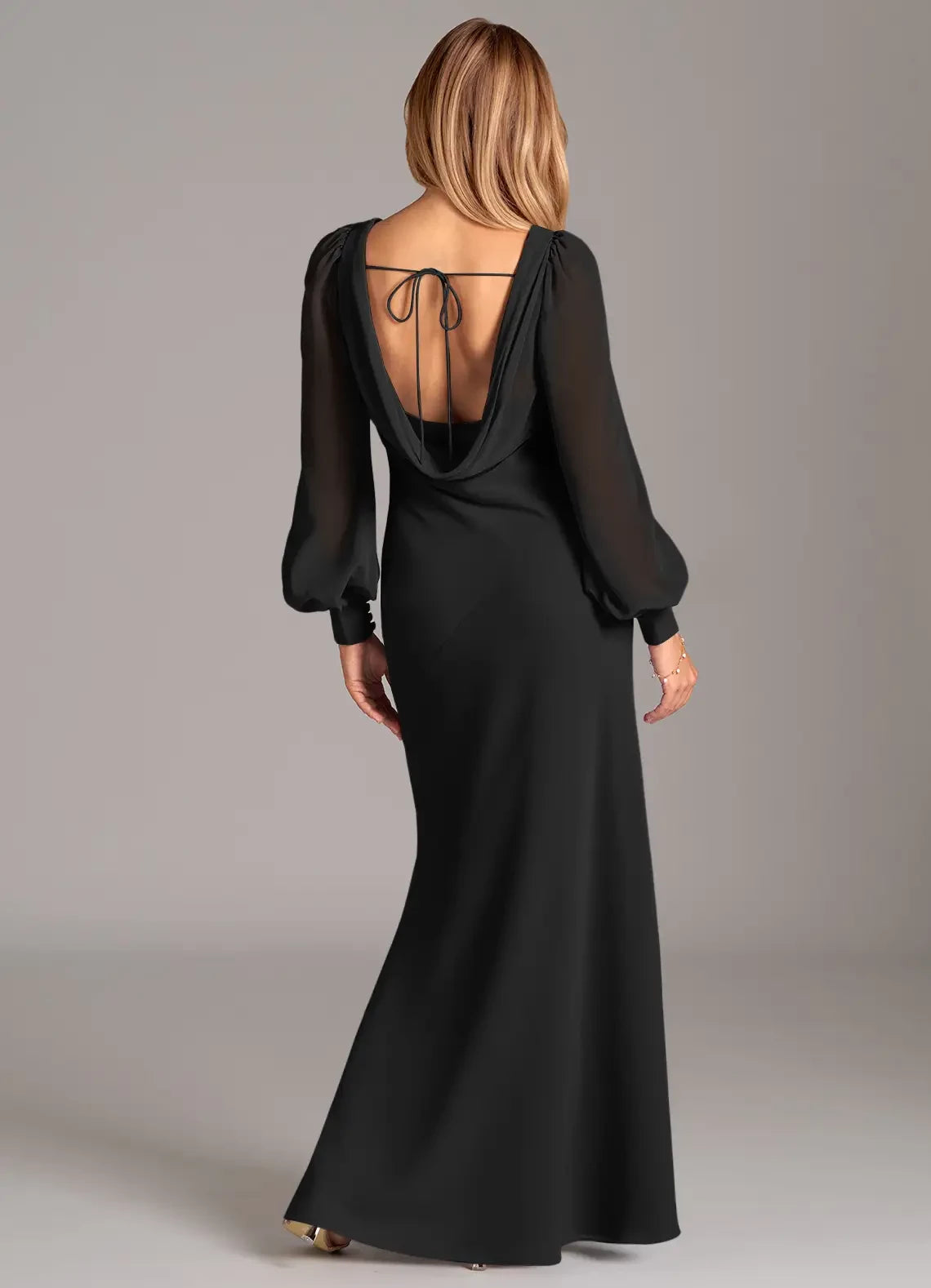 Sultry Sheath Cowl Neck Puff Long Sleeve Tie Back Floor Length Bridesmaid Dress