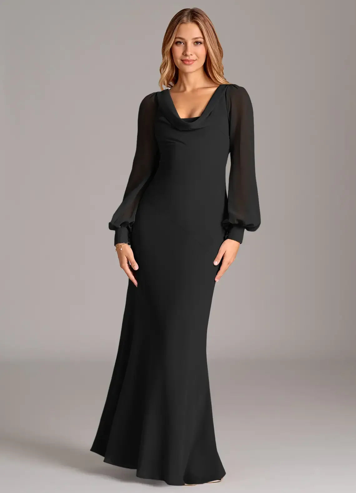 Sultry Sheath Cowl Neck Puff Long Sleeve Tie Back Floor Length Bridesmaid Dress