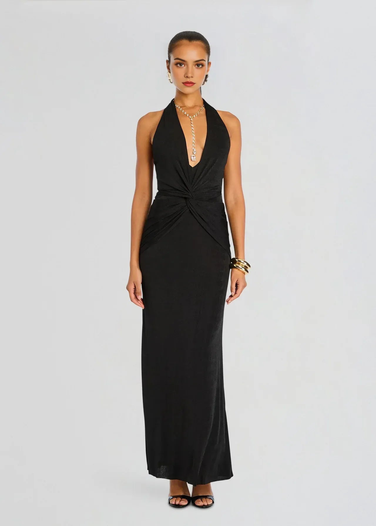 Sultry Sheath Halter Neck Sleeveless Open Back Floor Length Plus Size Evening Dress