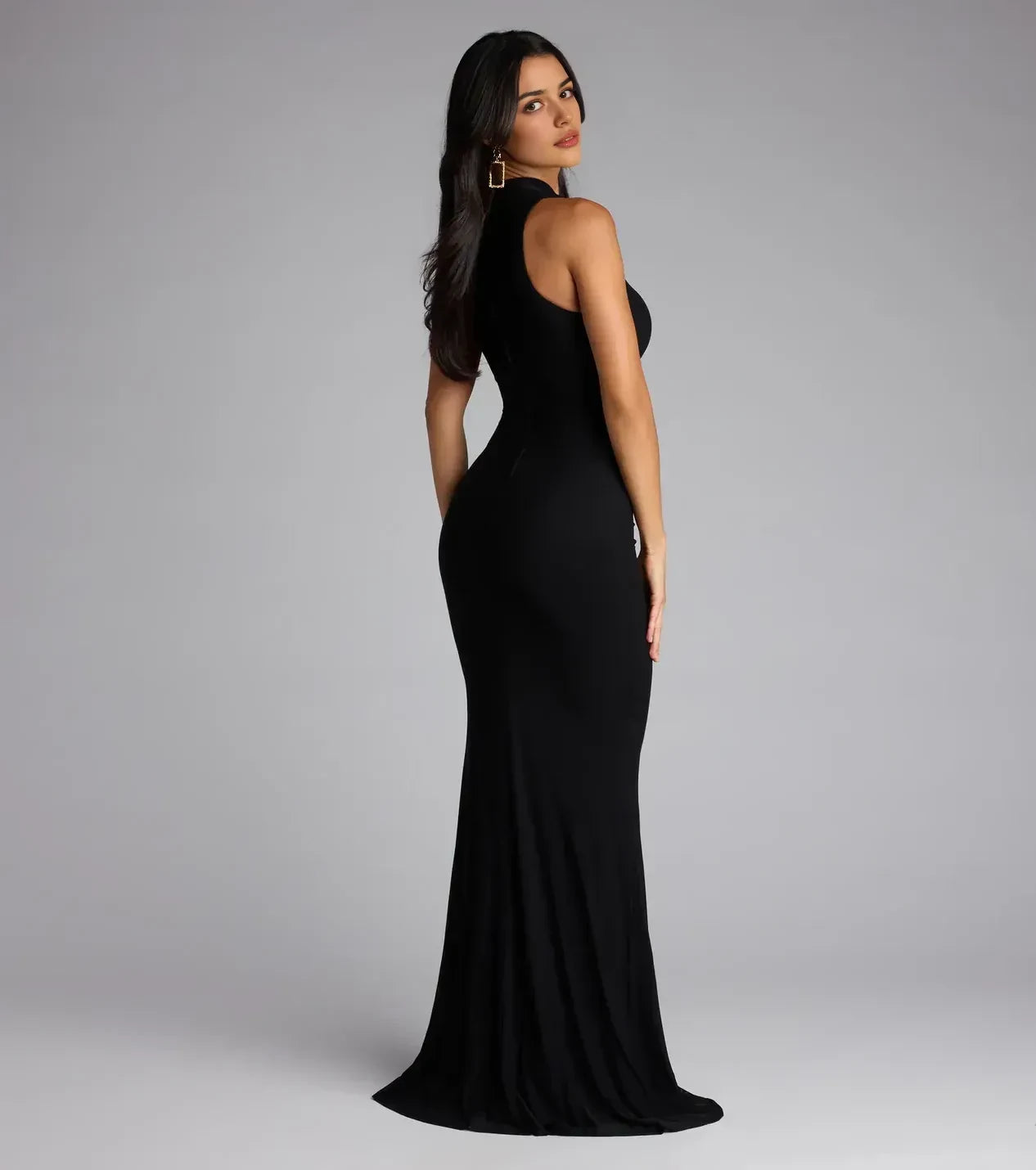 Sultry Trumpet Mock Neck Sleeveless Cut Out Back Floor Length Prom Dress