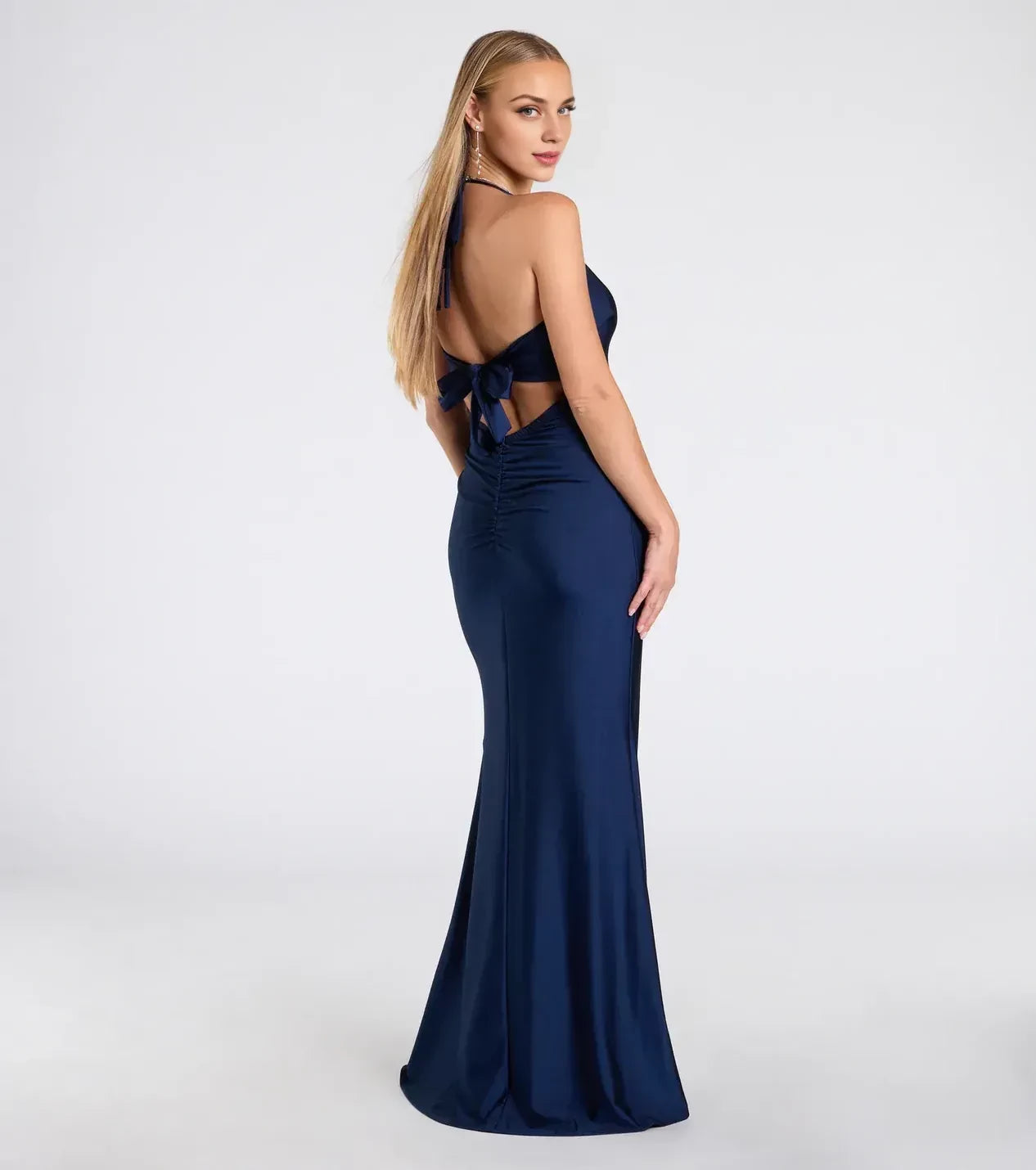 Sultry Trumpet Plunge Neck Spaghetti Strap Tie Back Floor Length Prom Dress