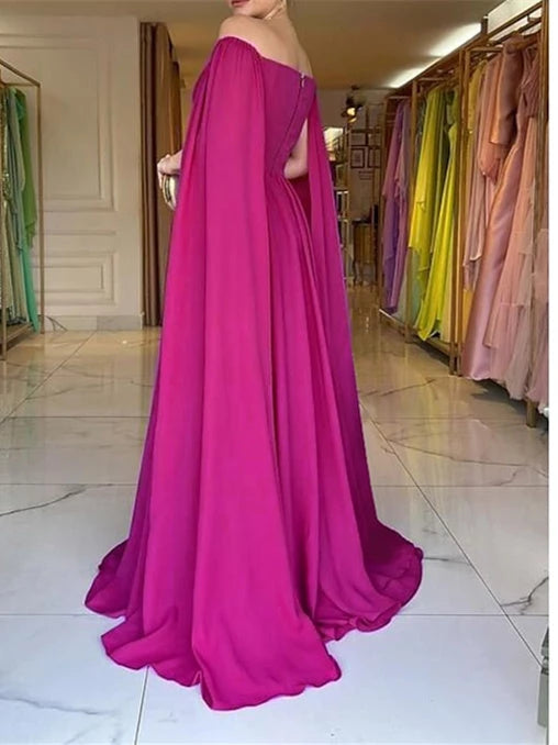 Sweep Train Sleeveless Off Shoulder Capes Chiffon with Pleats Evening Dresses Prom Dress