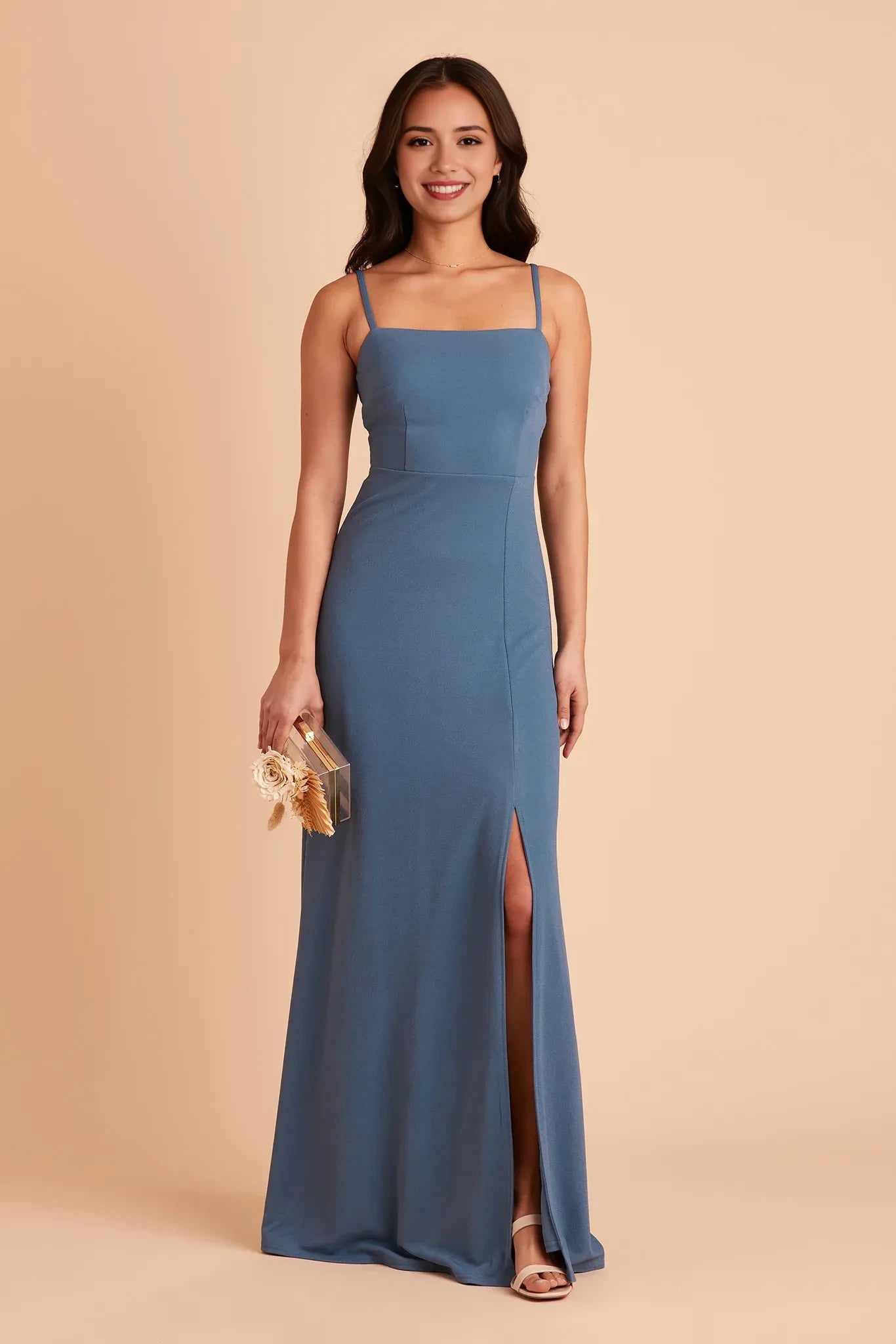 Sweet Sheath Square Neck Spaghetti Strap Bow Back Floor Length Bridesmaid Dress