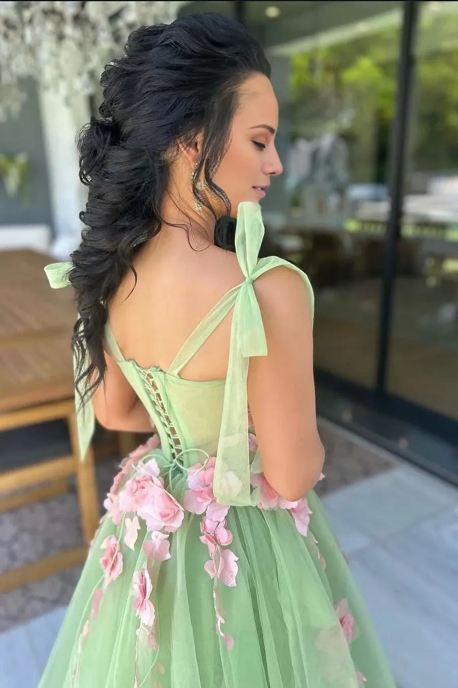 Sweet Green Tulle A-Line Floor-Length Lace-Up Back Straps Sleeveless Appliques Tulle Long Party Dresses Homecoming Dress Prom Dress