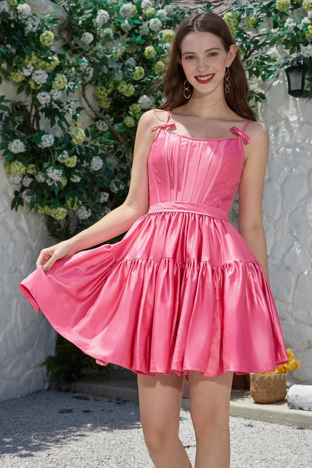 Sweetheart Tiered Ruffle Bow Spaghetti Strap Lace-Up Back Mini Party Dress Homecoming Dress