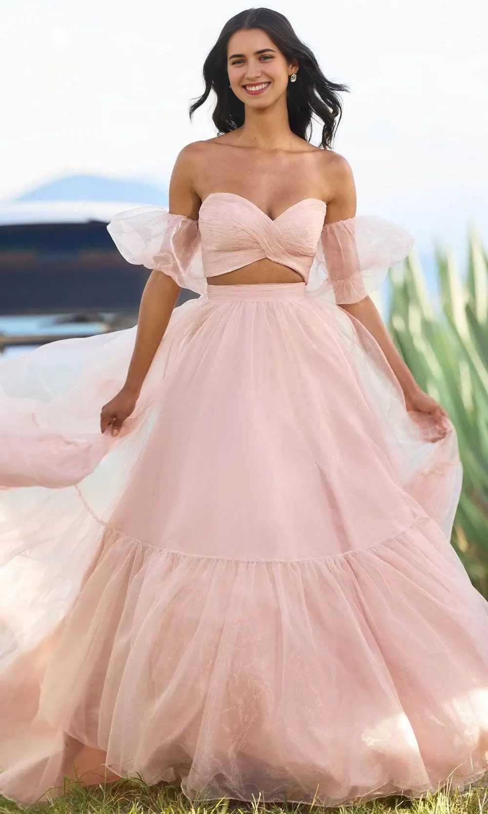 Sweetheart Sleeveless A-line Beautiful Two piece Off the shoulder Floor length Prom Dress Hot Sale For Ladies