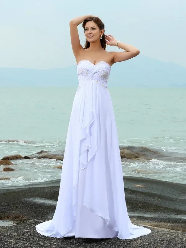 Sweetheart Sleeveless Chiffon Sweep Train With Beading Wedding Dresses