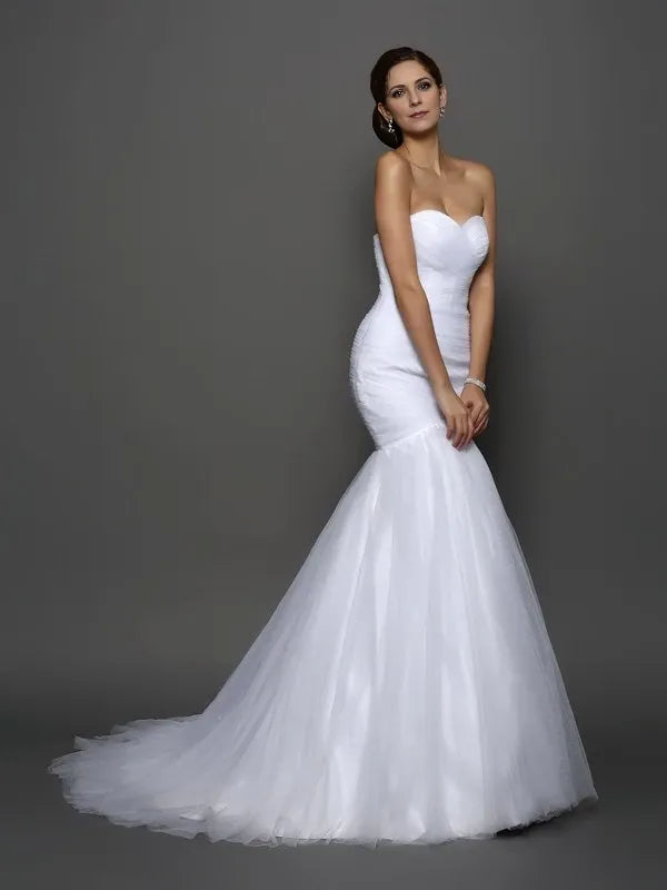 Sweetheart Sleeveless Mermaid Net Court Train With Pleats Wedding Dresses