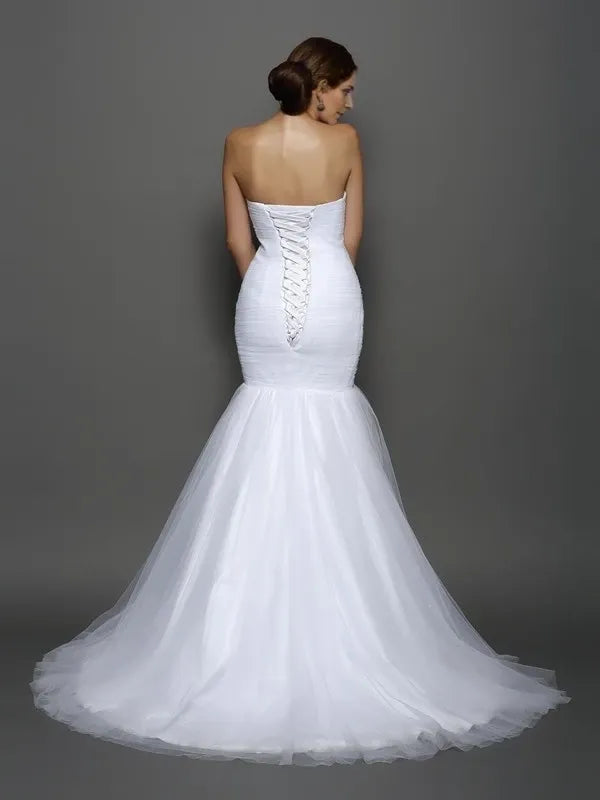 Sweetheart Sleeveless Mermaid Net Court Train With Pleats Wedding Dresses