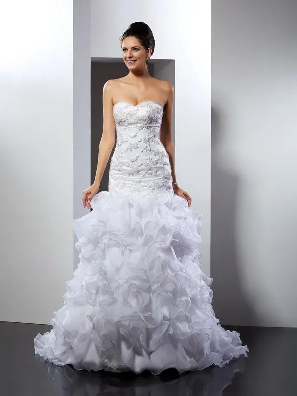 Sweetheart Sleeveless Mermaid Organza Chapel Train With Beading Wedding Dresses