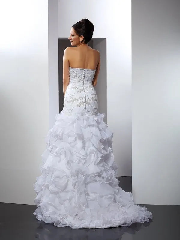 Sweetheart Sleeveless Mermaid Organza Chapel Train With Beading Wedding Dresses