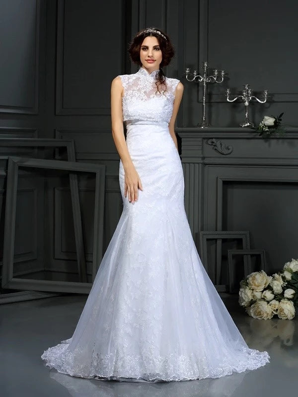 Sweetheart Sleeveless Mermaid Satin Court Train With Lace Wedding Dresses