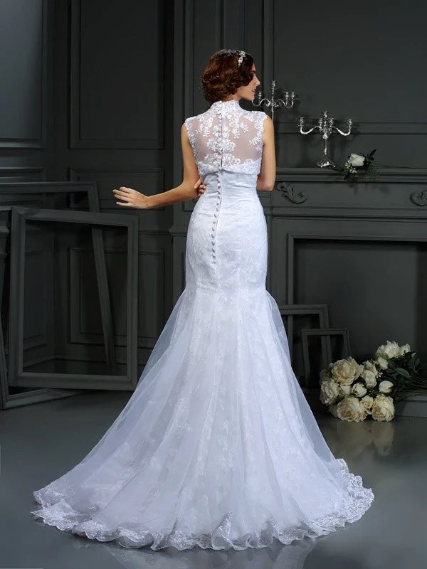 Sweetheart Sleeveless Mermaid Satin Court Train With Lace Wedding Dresses