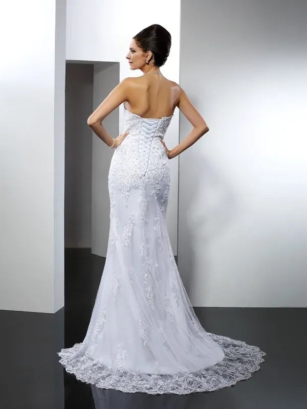 Sweetheart Sleeveless Mermaid Satin Court Train With Lace Wedding Dresses