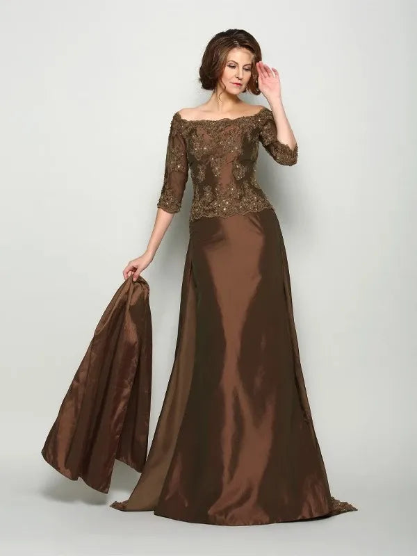 Taffeta Off-the-Shoulder Short Sleeves Sweep Train With Beading Mother of the Bride Dresses