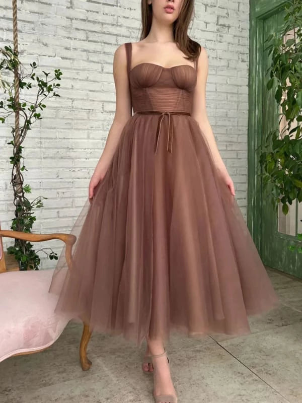 Tea Length Brown Elegant Tulle Prom Brown Formal Graduation Evening Dresses Party Dresses Homecoming Dresses