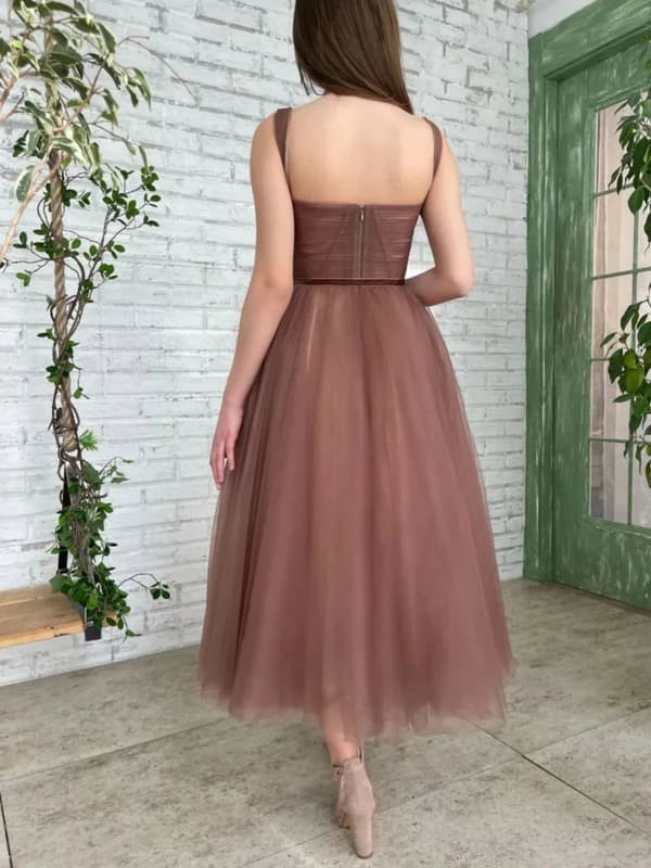 Tea Length Brown Elegant Tulle Prom Brown Formal Graduation Evening Dresses Party Dresses Homecoming Dresses